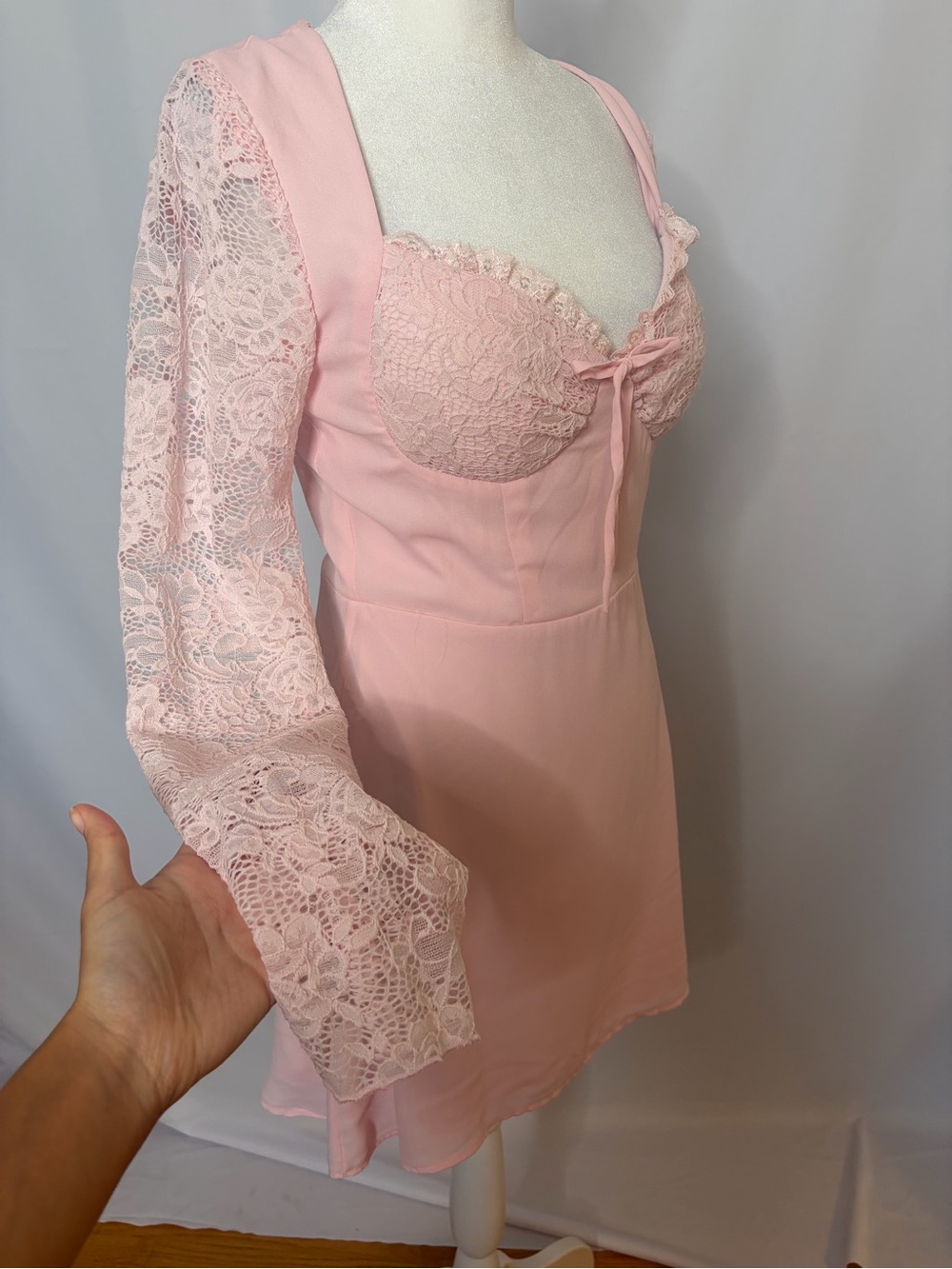 B Darlin Soft Pink Lace-Trim Chemise with Sheer Lace Sleeves